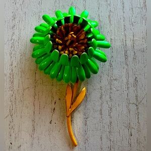 Vintage Enamel Sunflower Brooch 1960s Lime Green & Yellow Enameled